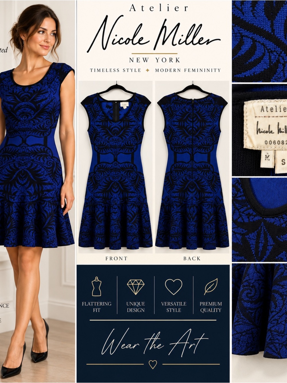 Nicole Miller Atelier Blue & Black Jacquard Fit & Flare Dress Size S